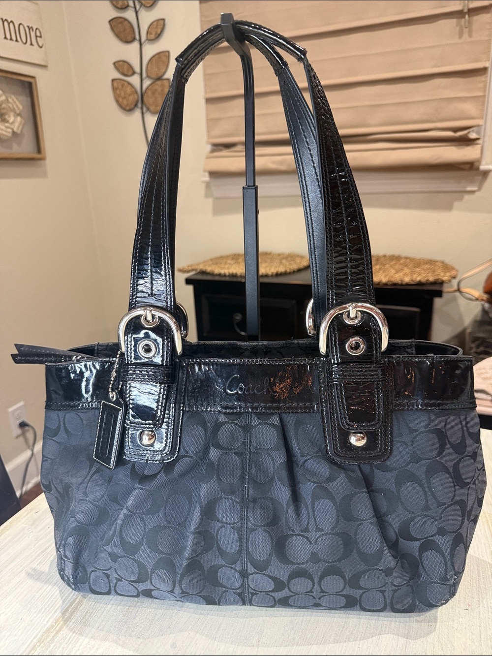 Vintage Coach Y2K Black Signature Ashley Shoulder Bag with Patent Trim